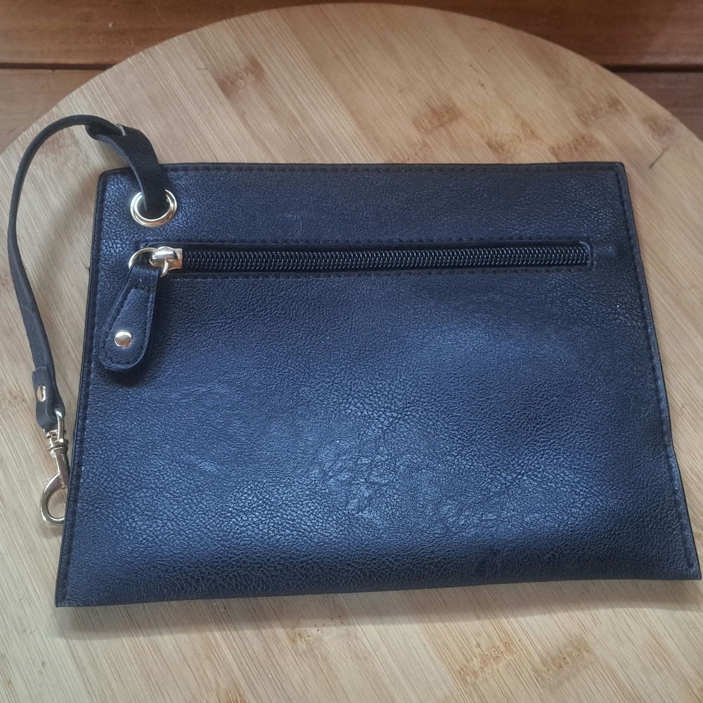 Black Wristlet, Faux Leather Clutch Pouch Purse, Strap With Hook, 6" x 8"